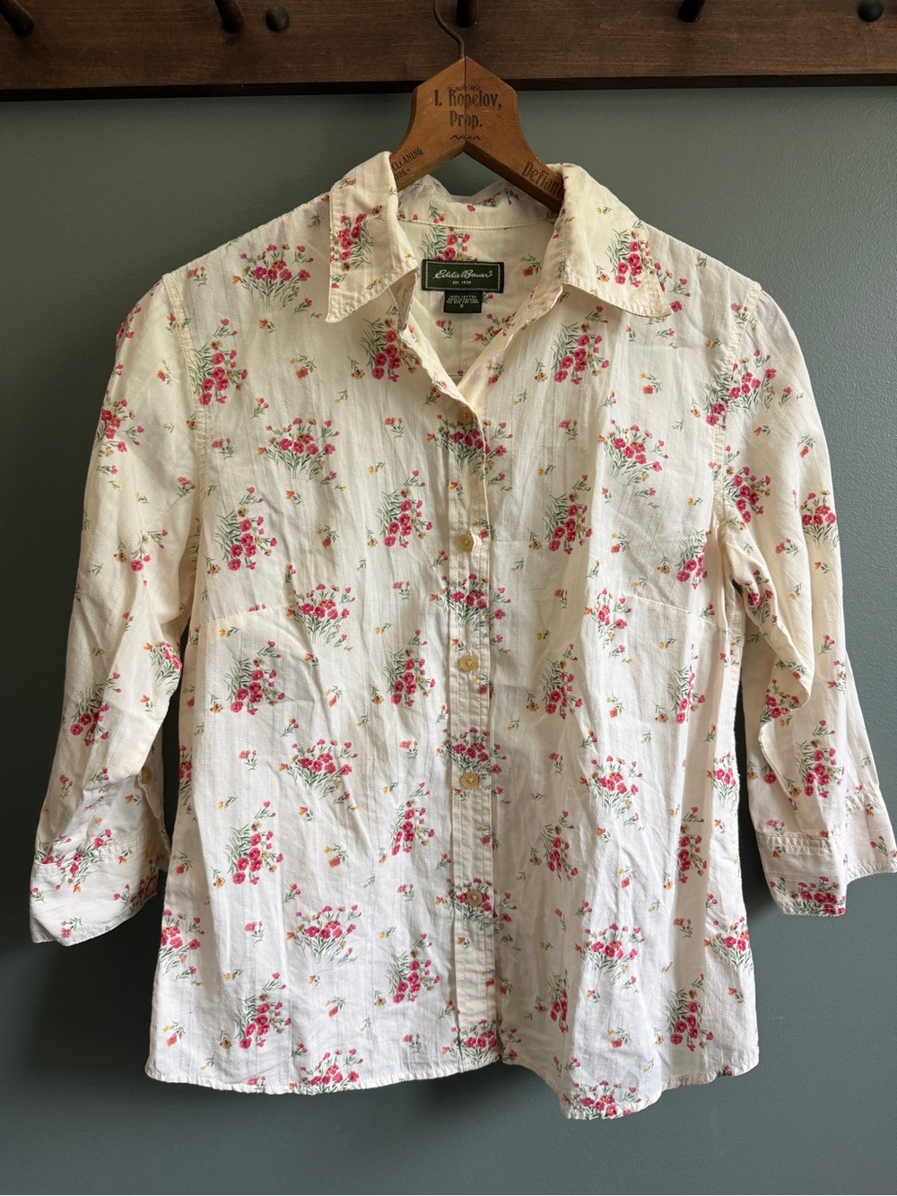 Eddie Bauer Cream Button-Down Shirt with Pink Floral Print